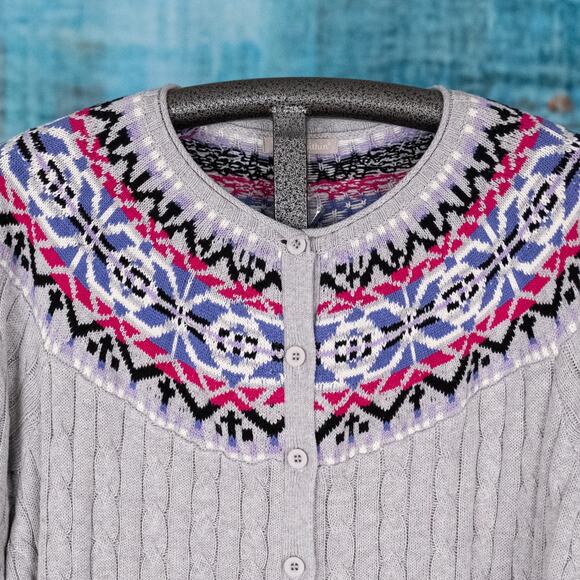 Woman Within Fair Isle Cable Knit Cardigan Sweater Size 18/20 100% Cotton Cozy - Picture 2 of 6